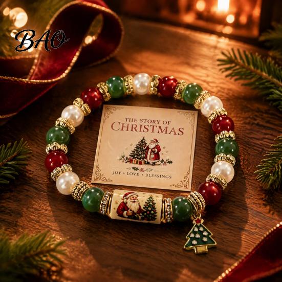 Festive Snowman Jewelry Christmas Bracelets for Women, Beaded Charm Stretch Bracelet with Party Decorative Accessory Card, Holiday Gift Stocking