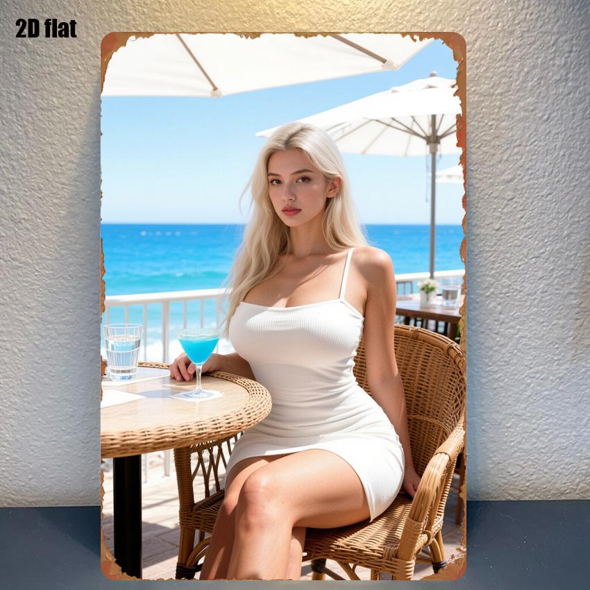 pc Painting of Beach Vibes a White Dress Paired with a Blue Cocktail Enjoying The Wonderful Moments of Sun And Sand Iron Wal 20x30cm(7.8x11.8inch)