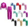 Kids Girls Hip-Hop Jazz Dance Costume Complete Set: Metallic Zipper Jacket & Pants, Stand Collar Long Sleeve Stage Outfit