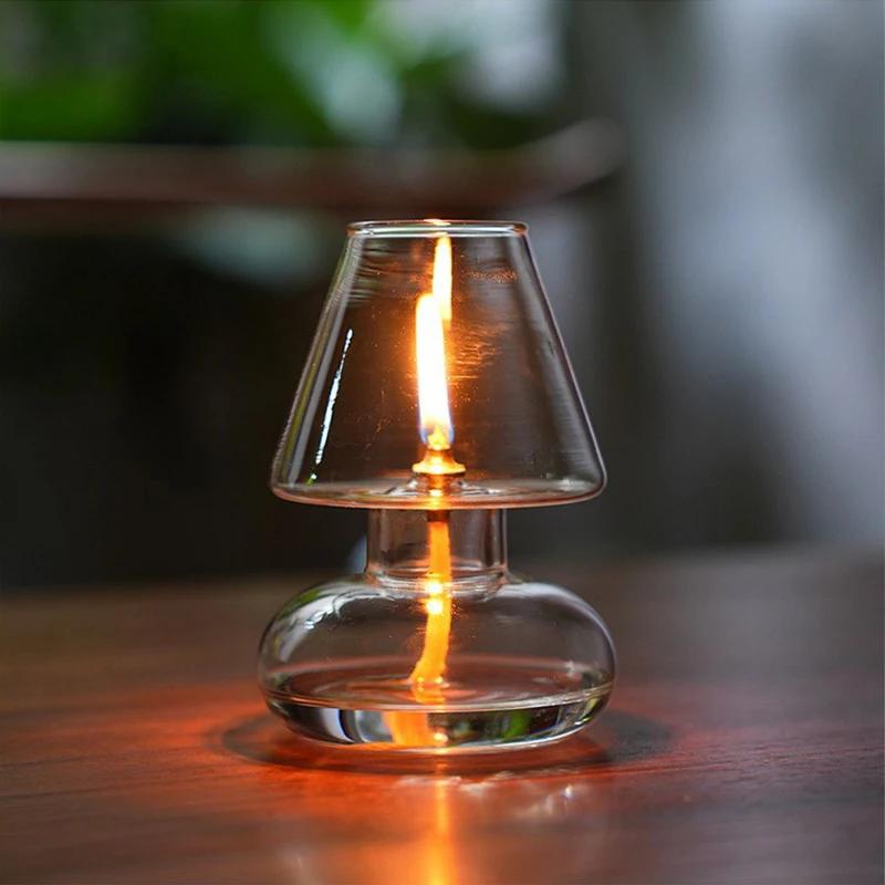 Handmade Glass Oil Lamp European-style Oil Lamp Decorative Household Candlestick Ornament with Lampshade Windproof Butter Lamp