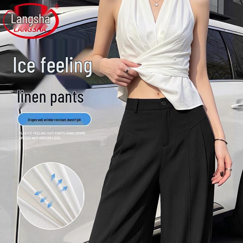 Lingsha Women s Summer High-Waist Cool-Feel Linen Blend Wide-Leg Pants L