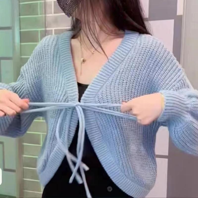 

Вязаный кардиган на шнуровке для женщин, весенний свободный и универсальный свитер в нежном стиле M синий