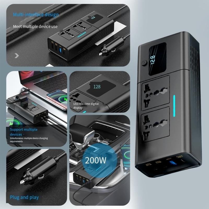200W Car Power Inverter Car Plug Adapter Outlet Chargers DC12V To 220V Car Inverter with USB, QC3.0 USB & Type-C