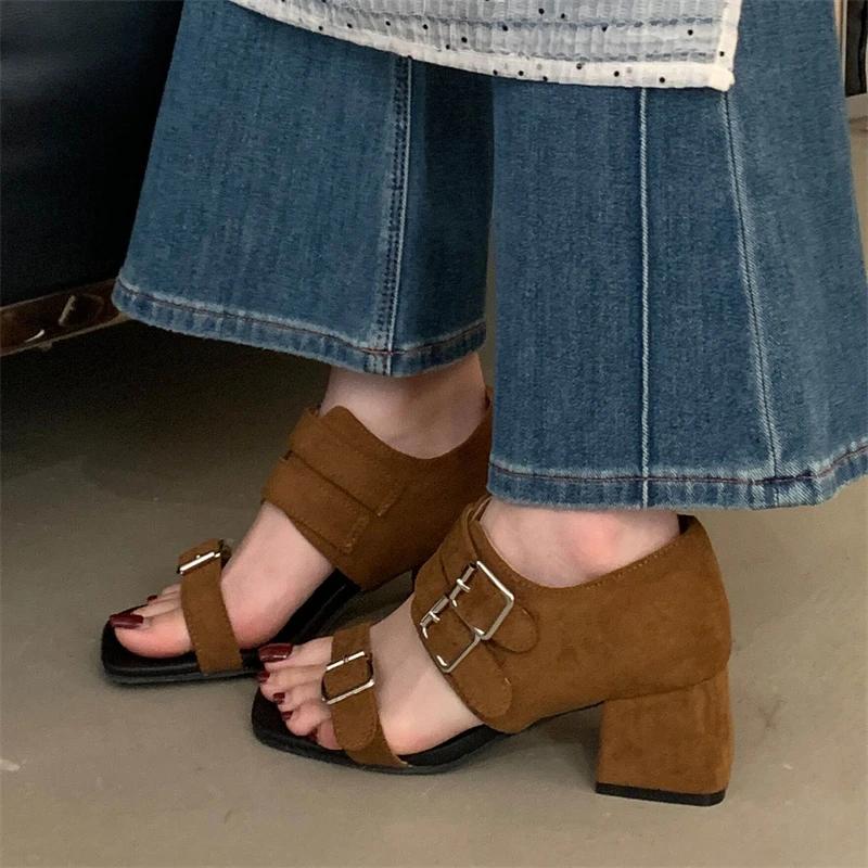 Fashion Eilyken Summer Square Toe Buckle Strap Sandals Women Fashion Chunky Heels Banquet Ladies Shoes Zapatos Mujer