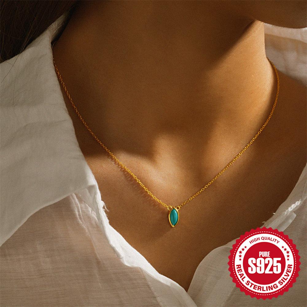 S925 Sterling Silver Turquoise Horse Eye Stud Earrings Women'S Necklace Ring Set Japanese And Korean Temperament Niche High-End Jewelry Set