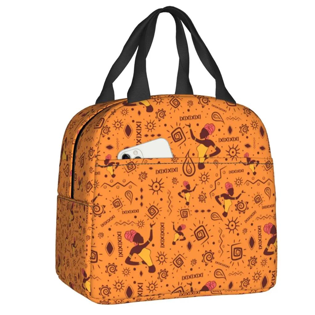 African Elements Pattern Insulated Lunch Tote Bag for Women Africa Ethnic Culture Cooler Thermal Bento Box Work School Travel