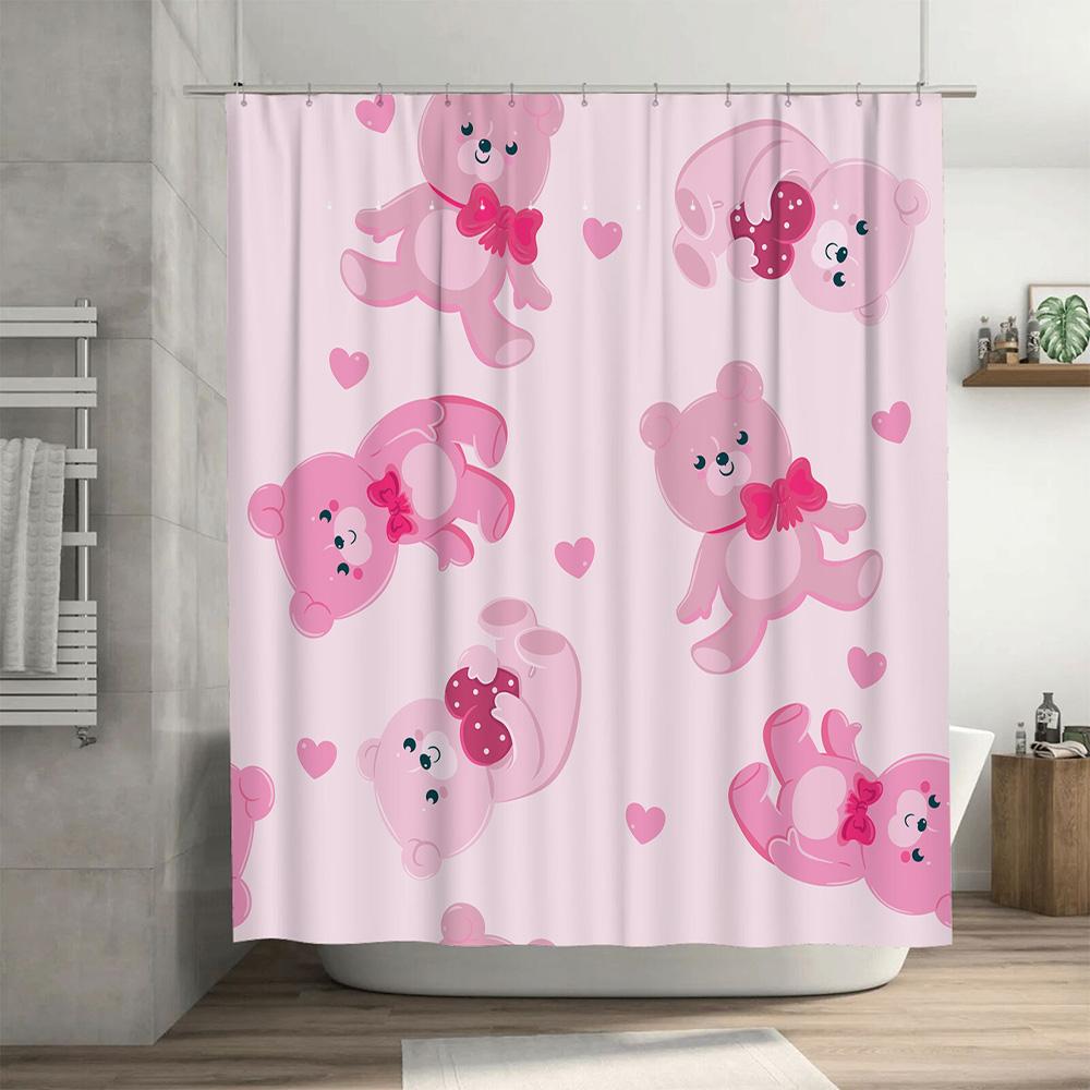 Cute Pink Teddy Bear Shower Curtain for Bathroom Decor Home Decor Accessories Supplies on