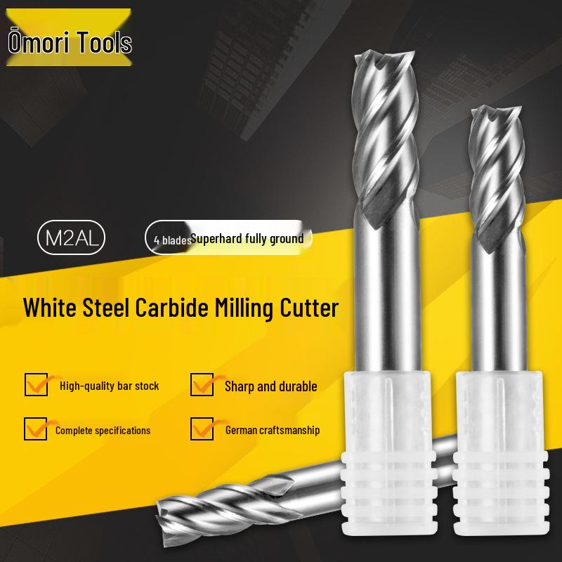 M2 White Steel 3-Flute Straight Shank End Mill, 8mm, 6mm, 12mm, Aluminum Cutter, Fully Ground Stainless High-Speed Steel