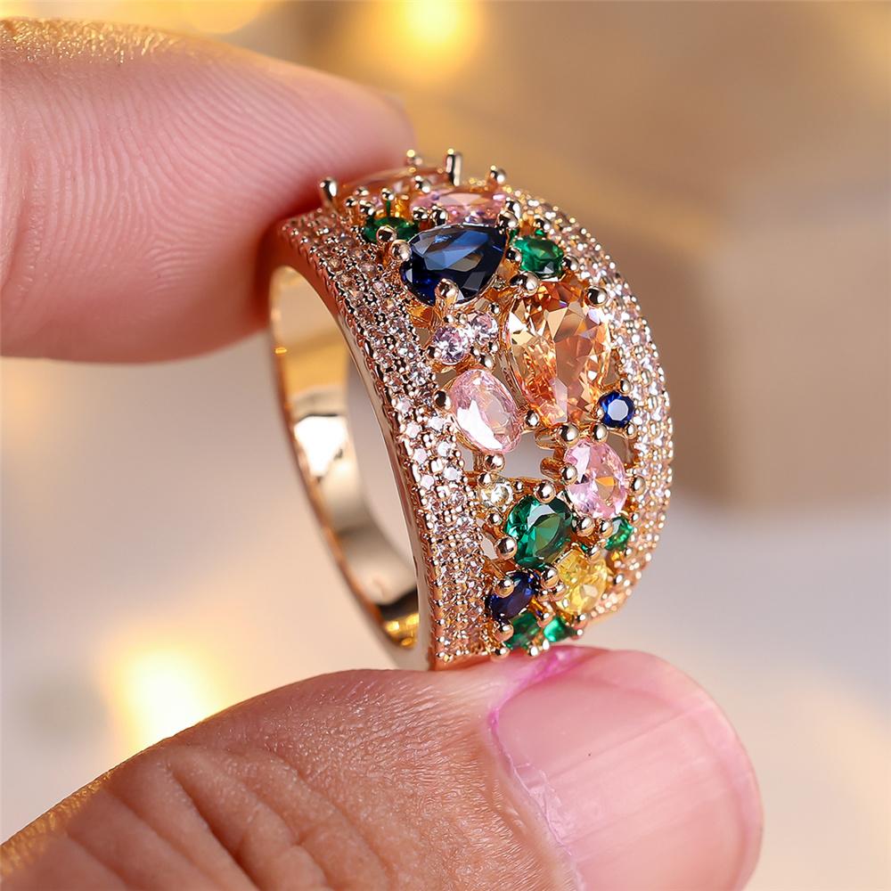 Luxus Damen Gelbgold Farbe Regenbogen Zirkonstein Hochzeit Versprechen Liebe Verlobungsringe Für Damen