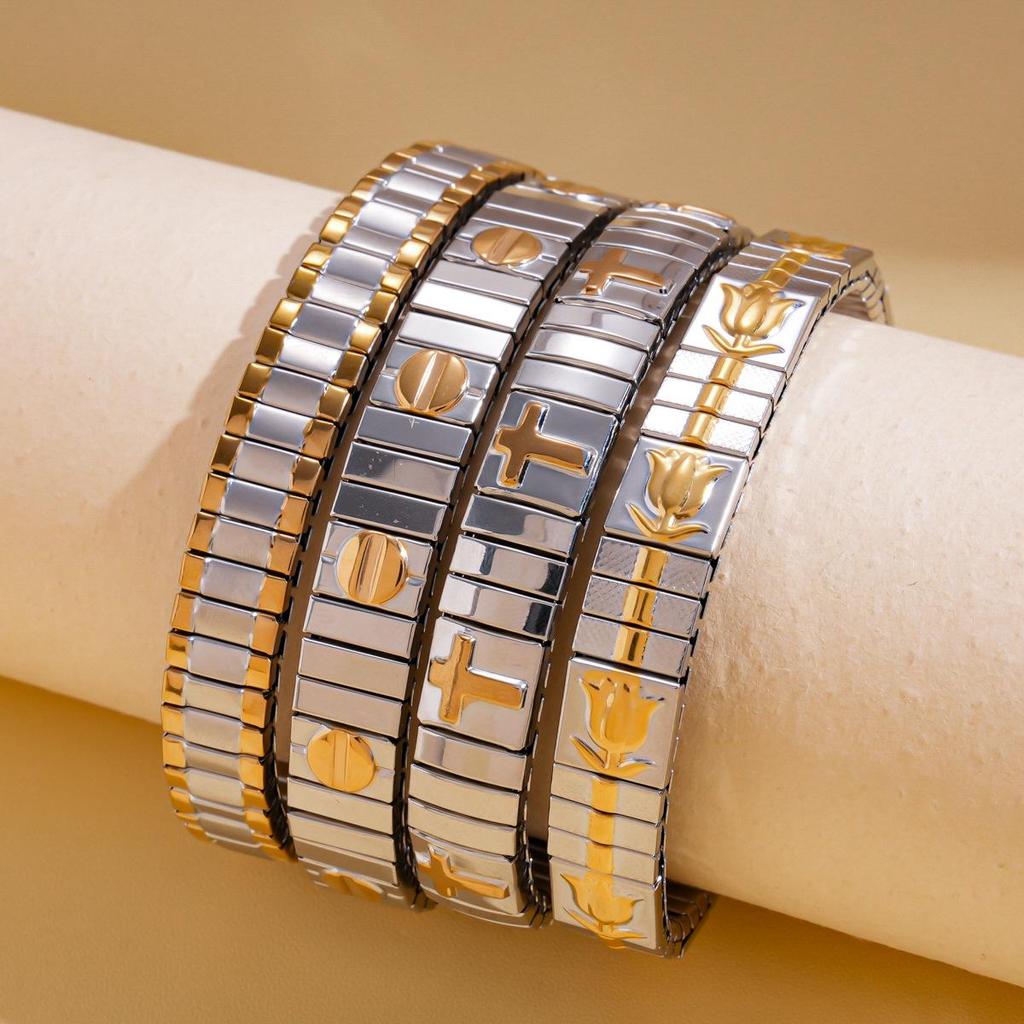 Brățară Elastică cu Nituri Geometrice în Formă de Cruce din Oțel Inoxidabil pentru Femei