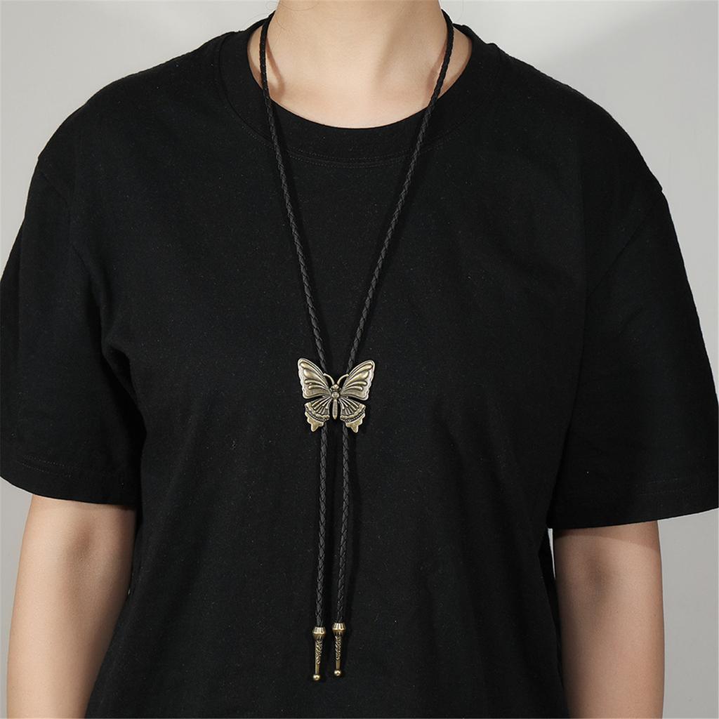 Vintage Adjustable Leather Cord Bolo Tie With Alloy Butterfly Pendant Jewelry Necklace For Western Fashion Enthusiasts