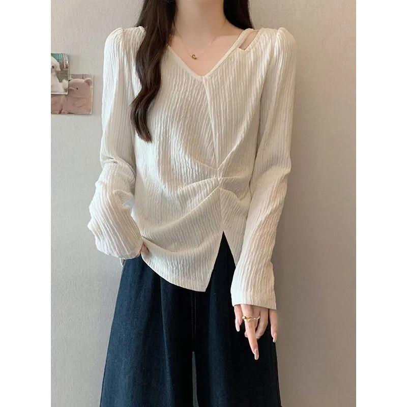 Large Size Women s Autumn Texture Irregular Design Long-sleeved T-shirt Women s New Wide L белый