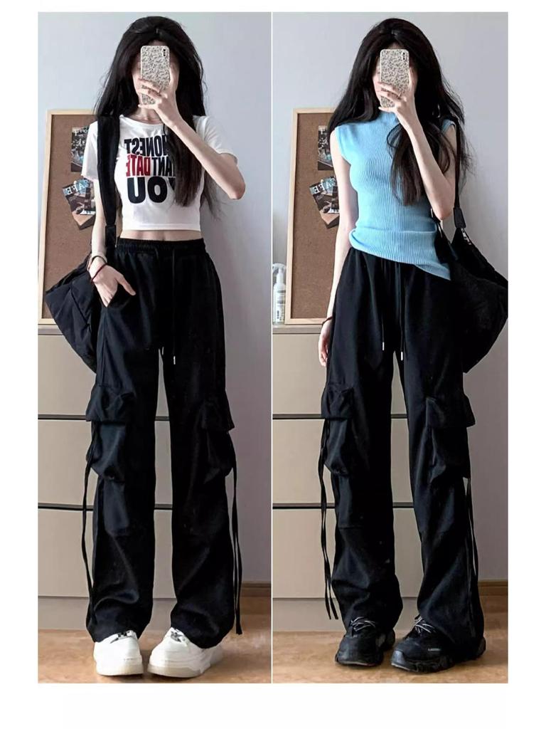 2025 Women's Petite Pink High-Waist Cargo Parachute Pants - Summer Casual Wide-Leg Drape Style