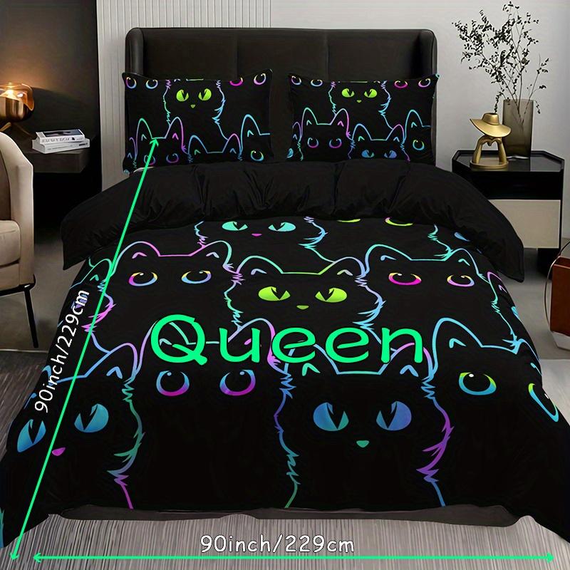 Vibrant Cat Cartoon Print Bedding Set Breathable Polyester Duvet Cover Machine Washable All-Season Comfort for Bedroom