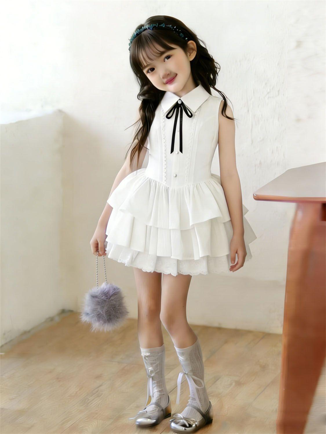 Girls Summer Tweed Tiered Cake Dress Solid Bow Casual Chic Midi Skirt For Big Kids 120