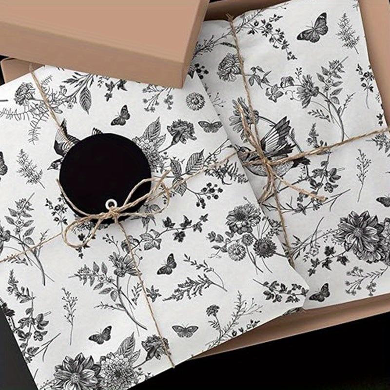 1set/ 50pcs Black Floral Tissue Paper Flower Bird Butterfly Gift Wrap, DIY Crafts Packaging Wedding Birthday Dress Up, 13.7 X 19.6 Inches