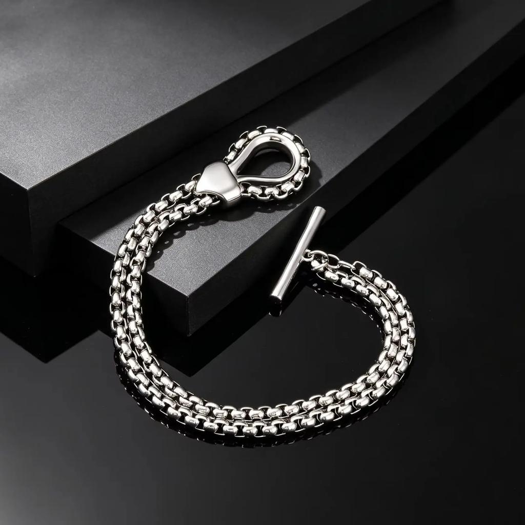 Punk Non Fading Double Layer Square Chain OT Buckle Chunky Bracelet for Men, Waterproof Stainless Steel Fashion Jewelry Gift