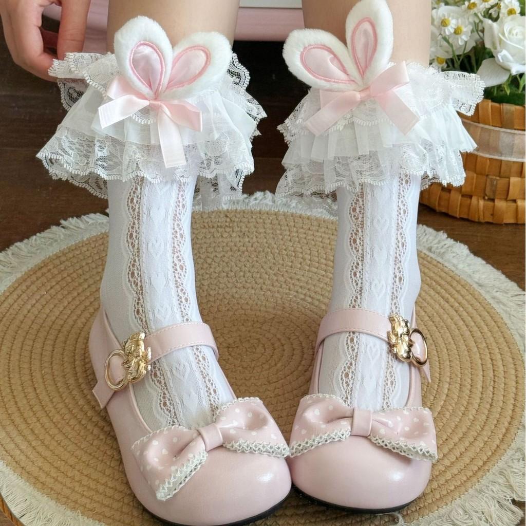 Lolita Girl Cotton Ankle Socks With Heart Pattern And Lace Trim For Spring Wear