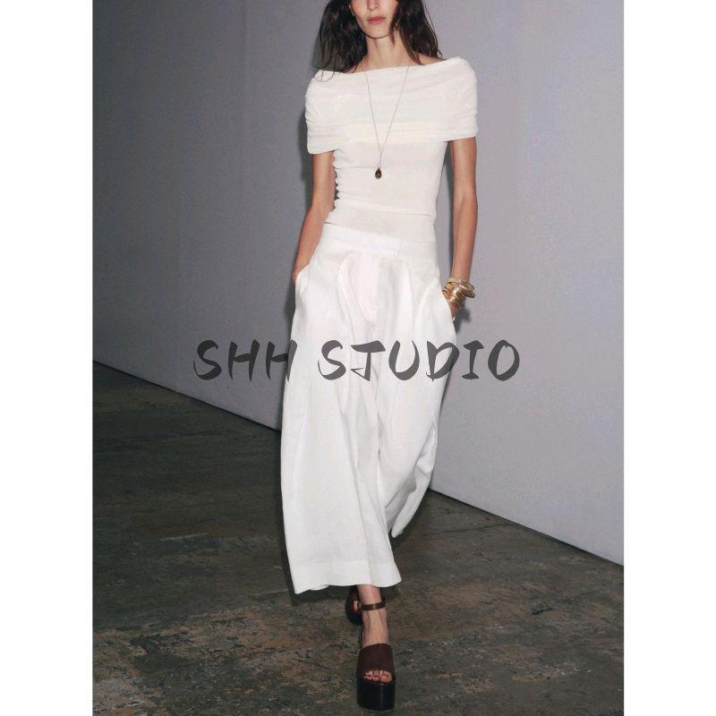 Autumn New Women Clothes French Style Curling Trim Layer Straight Collar Pleat off-the-Shoulder Fashion Knitted Top 2893101