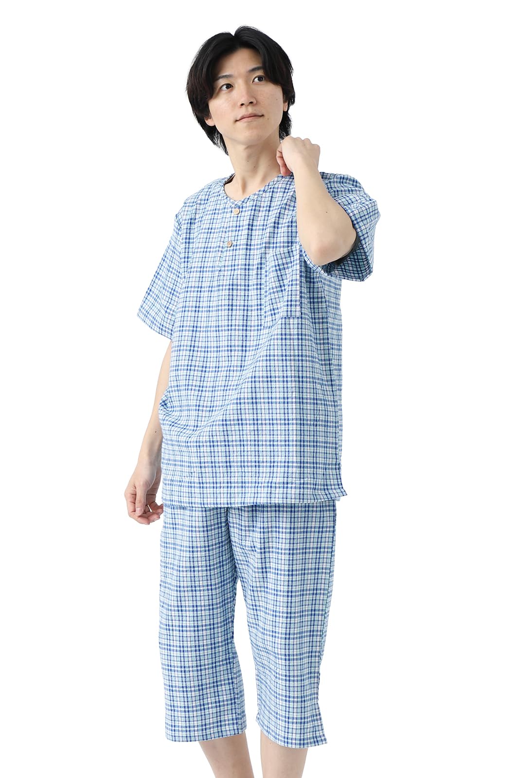 

Пижама большого размера Jinbei, сделанная в Японии, Shijira Woven Kurume, стильная и классная, в клетку [ROCCA] для мужчин (Мадрас Блю, М)