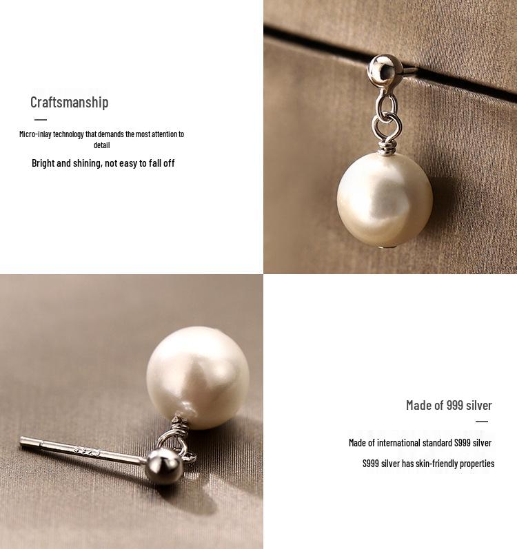 Exquisite Korean Style 999 Pure Silver Pearl Dangle Earrings for Women - Niche Design, High-End Ear Jewelry