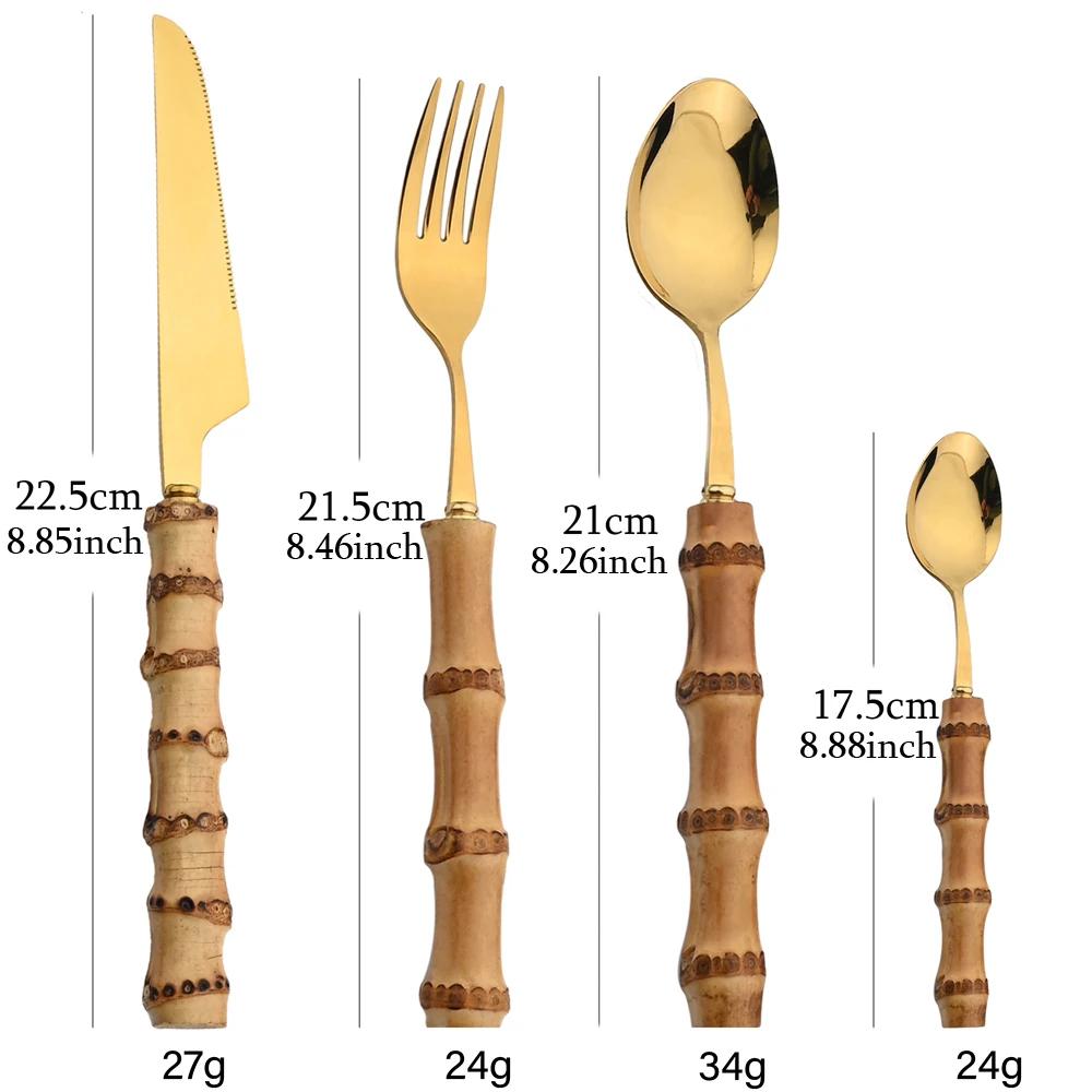 24Pcs Cutlery Sets Stainless Steel Dinnerware Natural Bamboo Handle Tableware Includes Forks Spoons Knives Kitchen Flatware