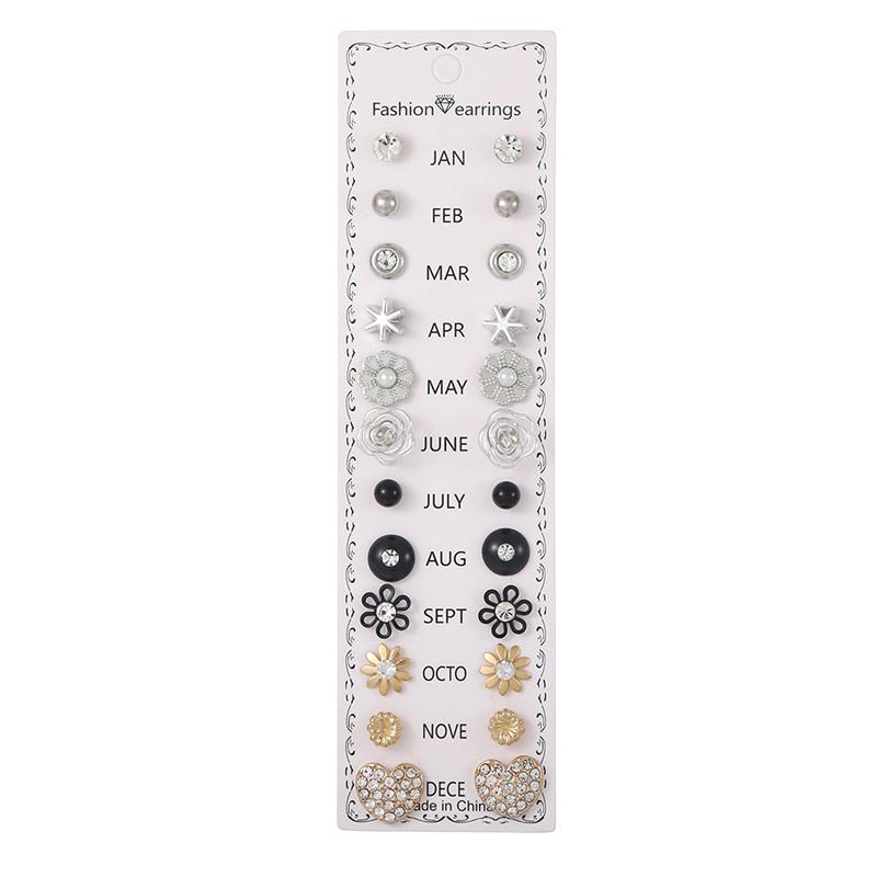 12 Floral Diamond Earrings Set Combination Stud Earrings Set A Variety Of Alloy Stud Earrings