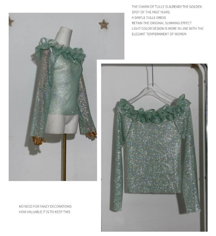 Yanni Lake Blue Rhinestone Tassel Bodycon Dress with Slimming Midi Skirt & Long Sleeve Top