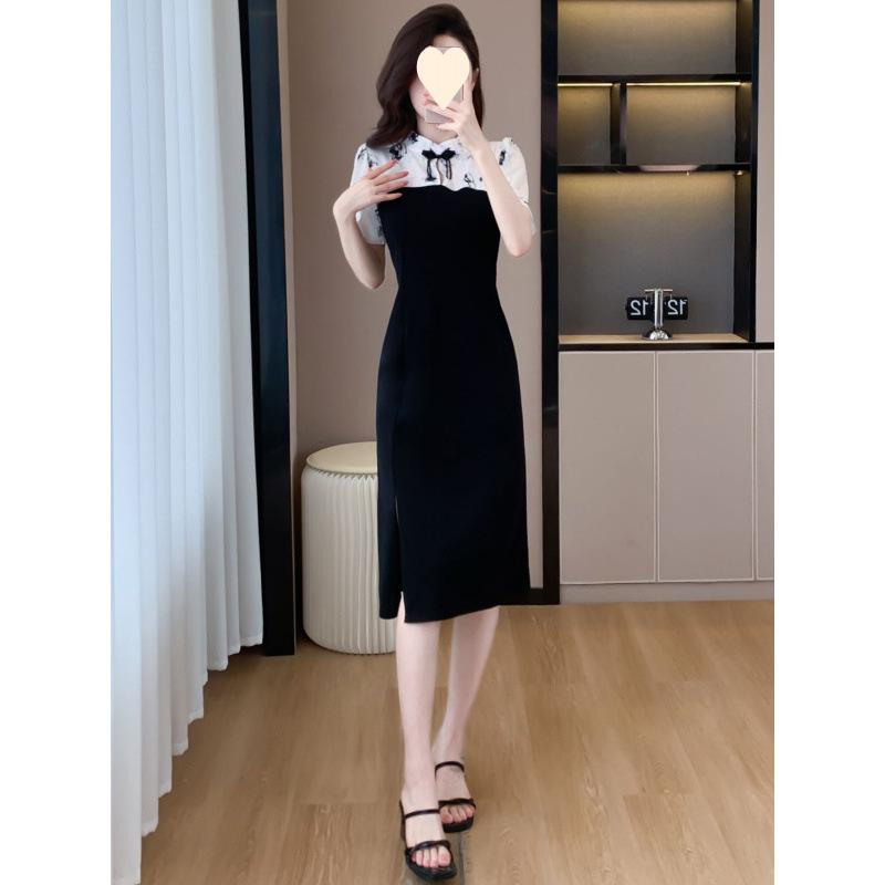 New Chinese Style Cheongsam, Small Disc Button Dress, Summer New Splicing Temperament Meat-covering Short-sleeved Skirt