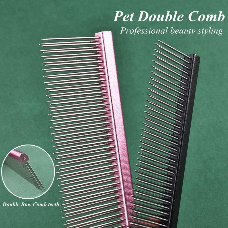 Dog Grooming 2 Row Comb Groomer Cat Stainless Steel Groomer Pets Combs Hairbrush Dog Grooming Combs Dog Hair Care Styling Comb