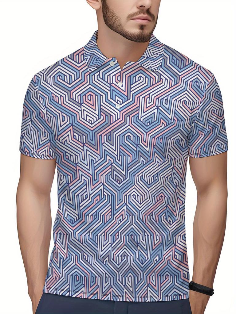 Men's Short-Sleeve Polo Shirt - Flat Digital Print Pattern - Non-Textured - Stylish and Minimalist Short Sleeve, Button-Up, Casual Lapel Polo Shirt,