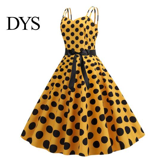 Vinatge 60s Sundress Women Dress Retro A-line Big Swing Tight High Waist Bow Decor Sleeveless V Neck Back Zipper Dot Print Contrast Color Party
