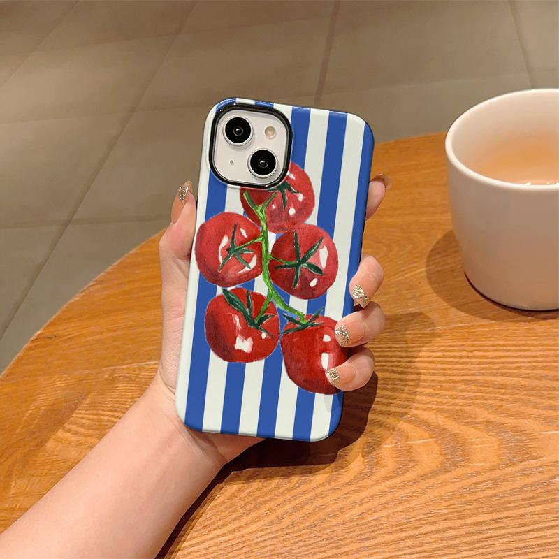 Classic Striped Watercolor Tomato Fruit Graphic Art Film Aesthetic Protective Shockproof Bumper Phone Case Cover For iPhone 14 15 16 Pro Max Plus