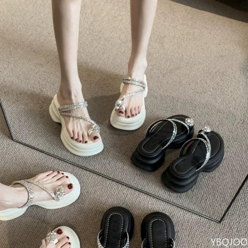 Fashion French toed Slippers Summer New Outdoor Shoes Fashion pearl slippers Thick soled open toed Flip-flops sandals Zapatos Mujer