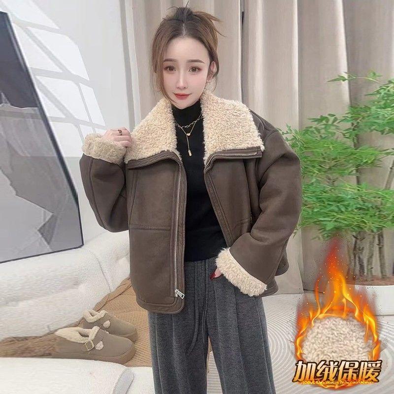 Thickened fur integrated jacket women's short winter new small lapel loose and thin leather jacket