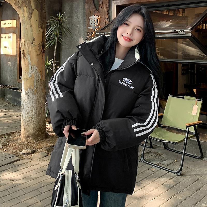 

Студенческая корейская трехцветная куртка-пальто на хлопковой подкладке женская зимняя толстая теплая университетская свободного кроя с воротником «хлеб» и одежда. XXL чёрный