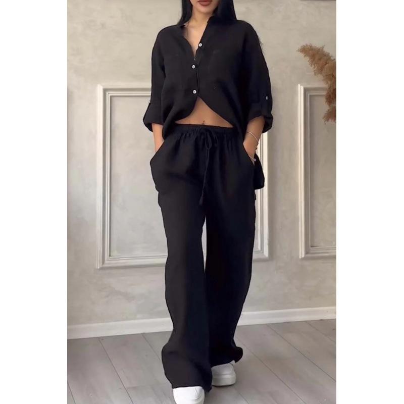 2024 Women's Solid Color Long-Sleeve Shirt & Wide-Leg Pants Set