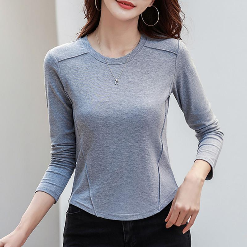 Jarní a podzimní dámská halenka s kulatým výstřihem jednobarevná top s krátkým dlouhým rukávem