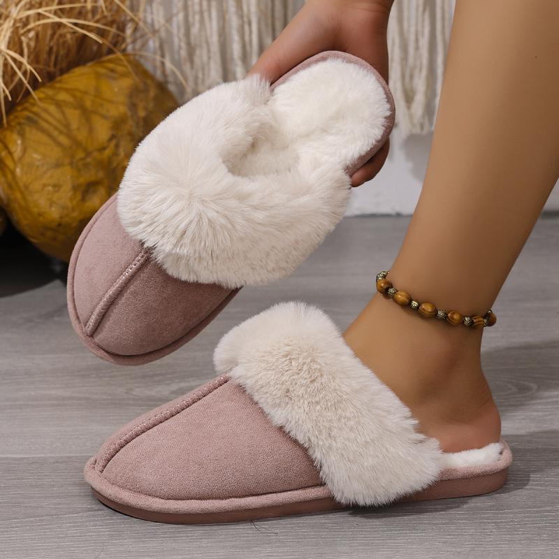 Fashion Casual Faux Fur Suede Indoor Slippers Women 2025 Winter Soft Sole Flat Heel Slides Warm Short Plush Winter Non Slip Shoes