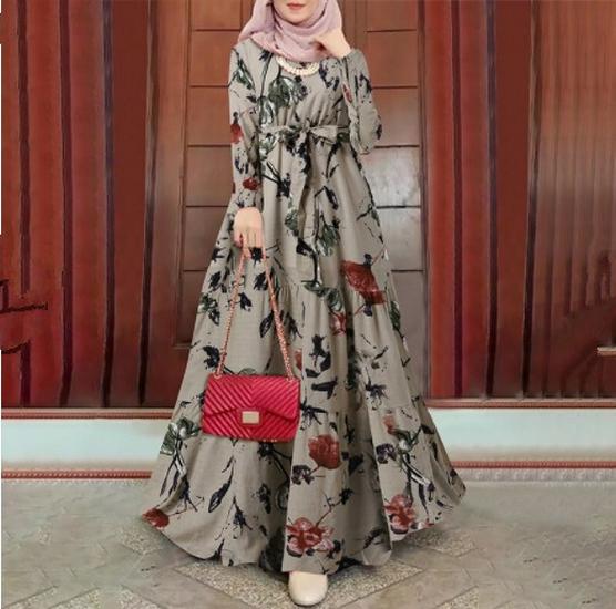 

Ретро мусульманское платье с цветочным принтом и длинным рукавом XXXL вино красного