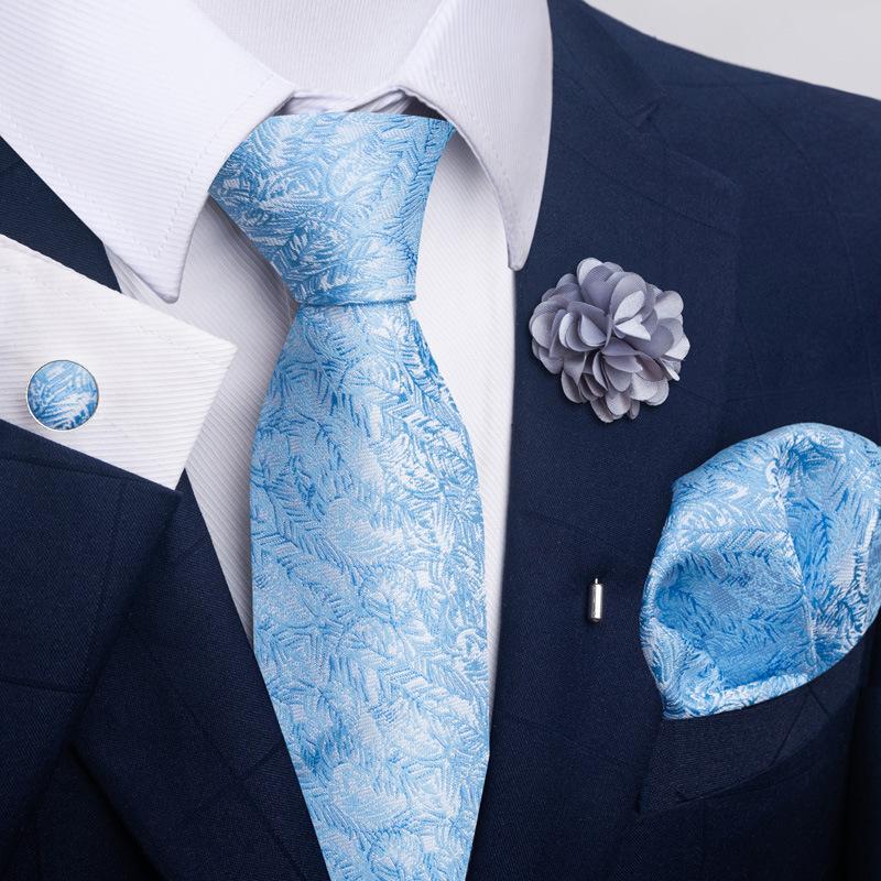 Men 8cm Wide Silk Wed Neck Tie Cufflinks Brooch Pin Handkerchief Business Wedding Party Suits Groom Accessories Gift