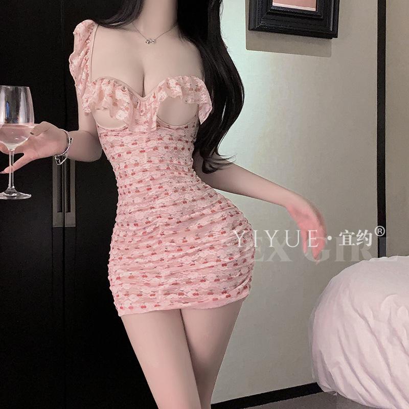 Sexy Lingerie Sexy Cherry Lace Printed Hip Wrap Skirt Women's Pleated Slim Deep V Pajamas Uniform 1111