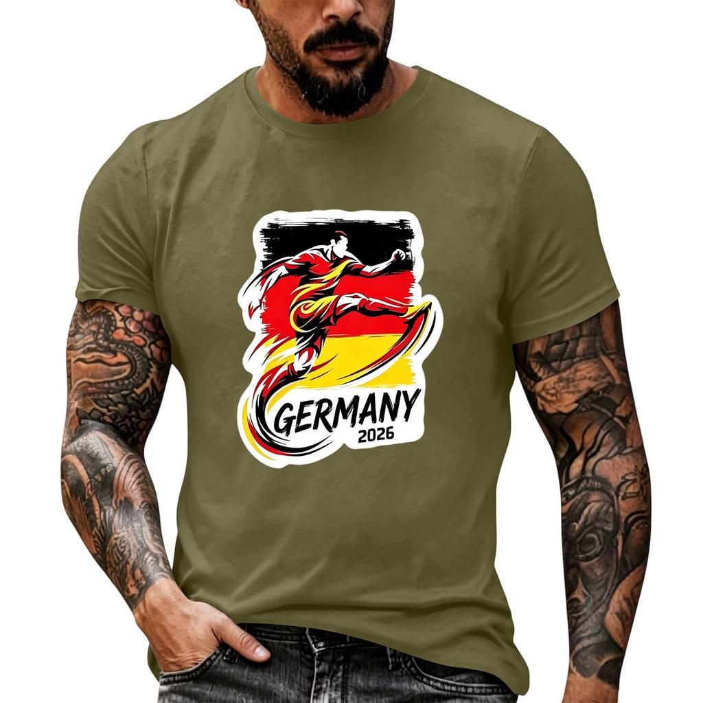 Short Sleeve Casual T Shirt with Graphic Print Soccer Player Illustration and Text Germany 2026 Soft Comfortable Fit for Everyday Wear