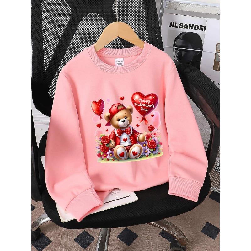 Crewneck Sweatshirt for Girls Featuring a Teddy Bear with a Heart Balloon, Suitable for Machine Washing. Ideal for Spring And Autumn