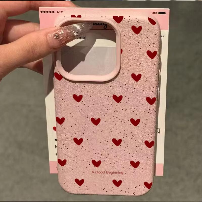 Phone Case For iPhone 17 16 15 14 Plus 13 12 11 Pro Max 17 Air X XR XS Love Heart Lichee Pattern Shockproof Bumper Cover