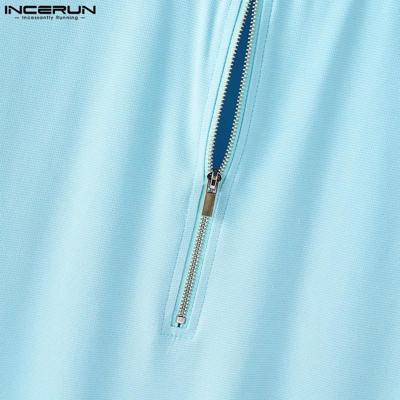 INCERUN Summer Men Short Sleeve Zip-up Casual Fitted T-shirts