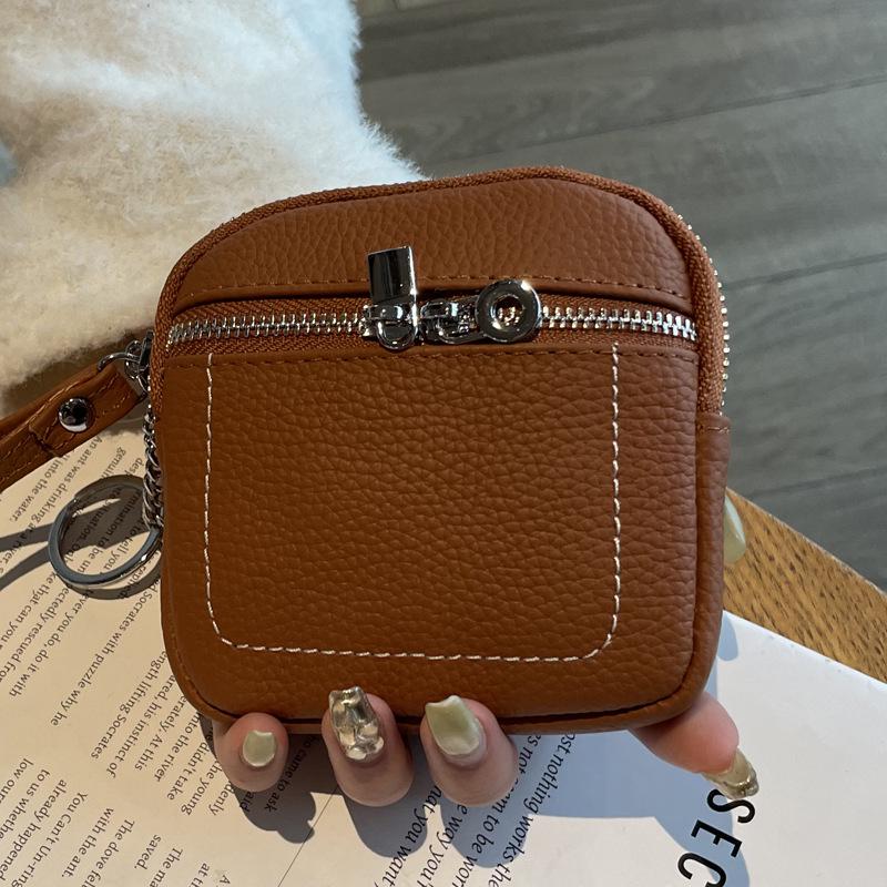 2025 Women's Genuine Leather Compact Wallet and Keychain - Lipstick, Earphone, and Coin Storage