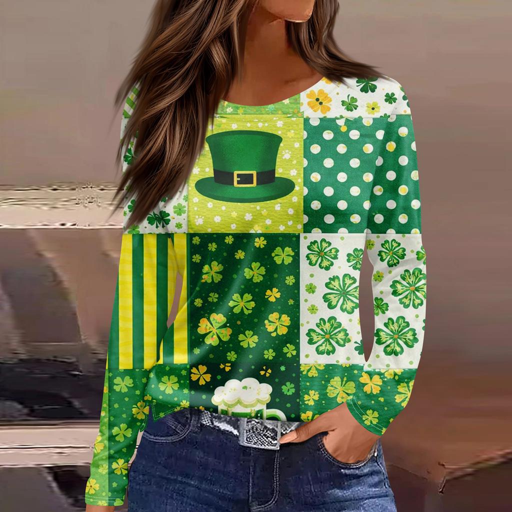 Damenmode Lässig Schlitz Saum Rundhals Langarm Lose Bedrucktes T-Shirt Damen Top