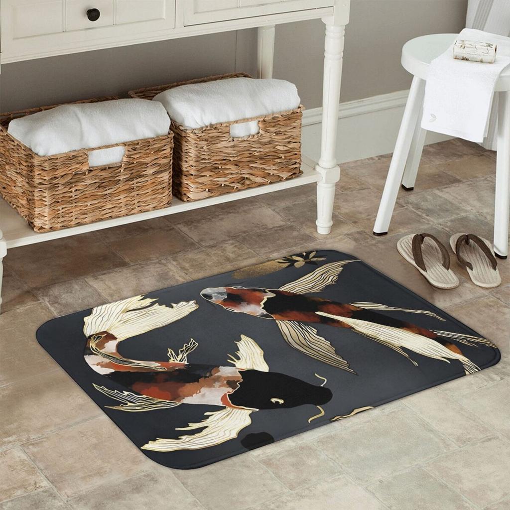 1pc Metallic Koi Fish Bath Mat - Lightweight Machine-Washable Polyester Blend, Non-Slip Rubber Backing, Elegant Black Background