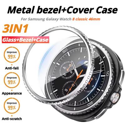Bezel Ring+Cover Case for Samsung Galaxy Watch 8 Classic 46mm Protector Hard PC Bumper Shell Galaxy Watch8 Classic Tempered Film Protective
